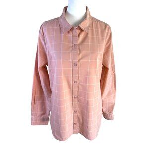 Garnet Hill Shirt Top Blouse Size 12 Window Pane Plaid Peach White EUC Organic C